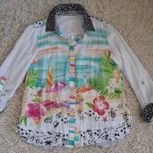 John Mark White/Colorful BEACH DOGS Button-Front Tunic Blouse Size M
